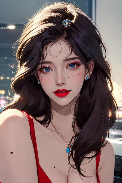 best quality,masterpiece,realistic,1girl,
1girl, solo, mole, long hair, lipstick, retro artstyle, makeup, mole under mouth, blue eyes, red lips, smile, 1990s (style), upper body, wavy hair, shirt
<lora:s_20230805204449:0.8:MIDD>