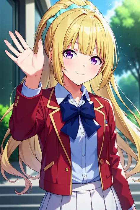 score_9, score_8_up, score_7_up, score_6_up, score_5_up, score_4_up, rating_questionable, , source_anime, digital illustration, pixiv, fanbox, uncensored, , BREAK, official art,
1girl, , female, kei karuizawa, yellow hair, long hair, ponytail, purple eyes, scrunchie,
school uniform, red jacket, blue bow, white skirt, waving, outdoors, light smile, blush, looking at viewer, colorful, vivid <lora:Kei_Karuizawa_Pony-000009:0.9>