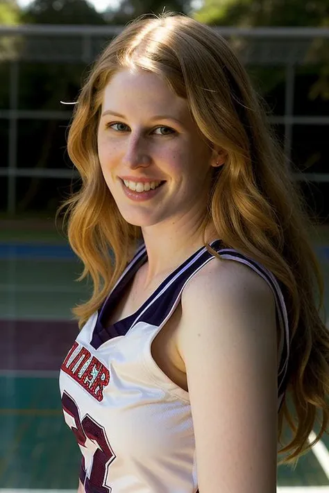 ChloeB wearing a basketball jersey,smiling face,<lora:ChloeBV3D:1>,rim light,bokeh,wavy hair,focus on face,