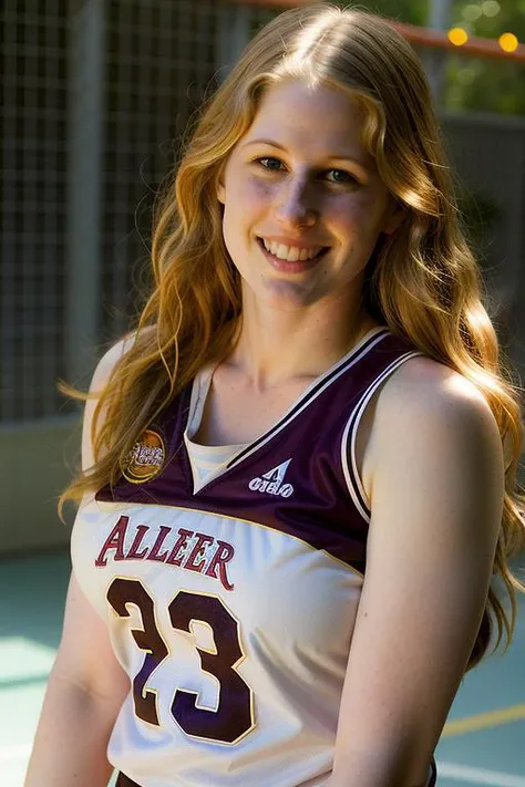 ChloeB wearing a basketball jersey,smiling face,<lora:ChloeBV3D:1>,rim light,bokeh,wavy hair,focus on face,