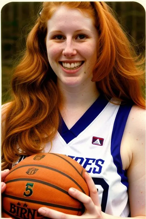 ChloeB wearing a basketball jersey, <lora:ChloeB_3192:1>, analog photograph, cute smiling face, beautiful redhead woman