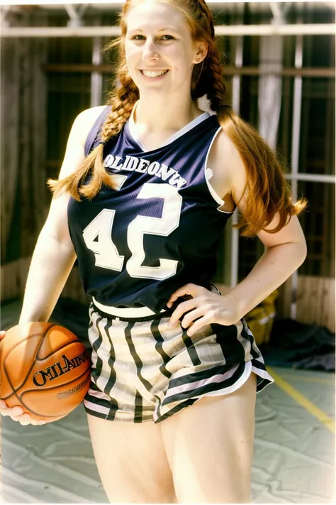 ChloeB wearing a basketball jersey, <lora:ChloeB2_4576:1>, analog photograph, cute smiling face, beautiful redhead woman, gymnasium, braids