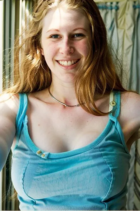 ChloeB wearing a long blue tanktop, smiling face, <lora:ChloeB2_4576:1>