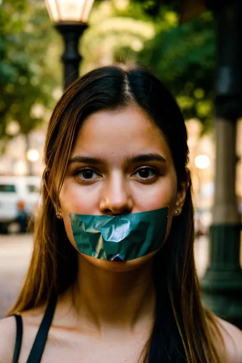 A  full color portrait of a topless wholesome girl-next-door with a casual, approachable look, Praça do Comércio, Lisbon , at night, Amateur Photographer, subsurface scattering, film grain, very detailed skin texture, tape gag, duct tape  <lora:TapeGag-v1:1>