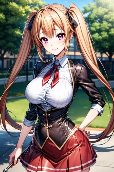 best quality, masterpiece, 1girl, raytracing, ultra detailed,detailed face, 8k wallpaper, (wide hips:1.2), <lora:more_details:0.5>, Shidouirina_NDV, 1girl, light brown hair, twintails, large breasts, very long hair, purple eyes, school uniform, shirt, red skirt, corset, <lora:ShidouIrina_NDV:0.7>, smile, outdoor