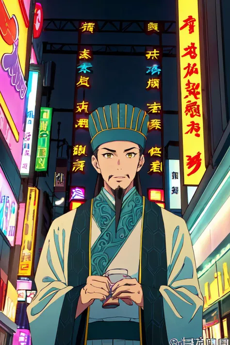 (8k, RAW photo, best quality, masterpiece:1.2), ultra-detailed,, solo, looking at viewer,1boy, facial hair, hat, chinese clothes, yellow eyes,
zhuge<lyco:zhuge-10:0.9> shinjuku city, night, neon sign, from below,