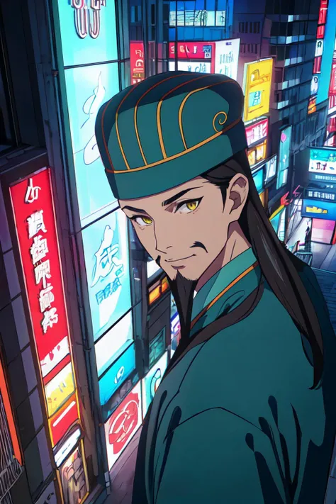 (8k, RAW photo, best quality, masterpiece:1.2), ultra-detailed,, solo, dragon,
looking at viewer,1boy, facial hair, hat, chinese clothes, yellow eyes,
zhuge<lyco:zhuge-10:0.7> shinjuku city, night, neon sign, from above, roof-top,
