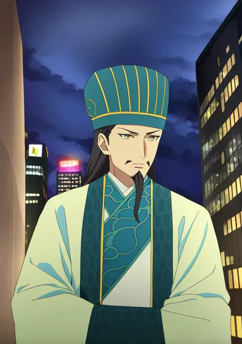 <lora:zhuge-10:1>, zhuge, 1boy, facial hair, hat, chinese clothes, yellow eyes, serious, city, night, upper body,