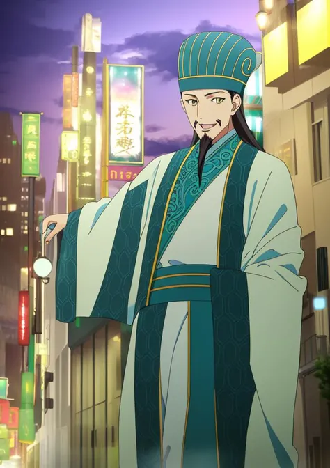<lora:zhuge-10:1>, zhuge, 1boy, facial hair, hat, chinese clothes, yellow eyes, smile, open mouth, city, night,