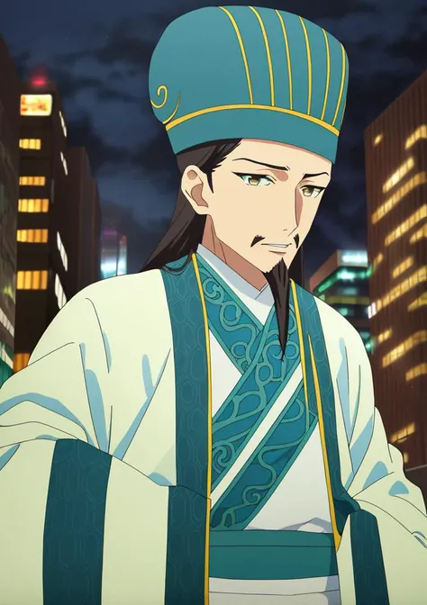 <lora:zhuge-10:1>, zhuge, 1boy, facial hair, hat, chinese clothes, yellow eyes, city, night, upper body, surprised, blush,