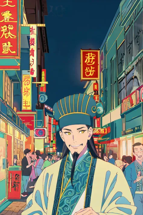 (8k, RAW photo, best quality, masterpiece:1.2), ultra-detailed,, solo, smile,
looking at viewer,1boy, facial hair, hat, chinese clothes, yellow eyes,
zhuge<lyco:zhuge-10:0.75> shinjuku city, night, neon sign, from below, bust shot,
guofeng, chinese style <lyco:Chinese style illustration v2:1.1>