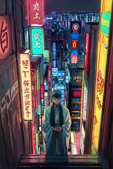 (8k, RAW photo, best quality, masterpiece:1.2), ultra-detailed,, solo, dragon,
looking at viewer,1boy, facial hair, hat, chinese clothes, yellow eyes,
zhuge<lyco:zhuge-10:0.7> shinjuku city, night, neon sign, from above, roof-top,