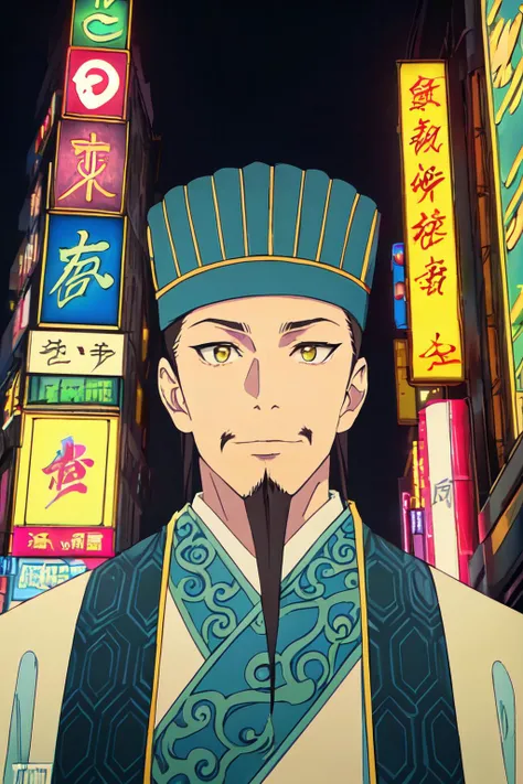 (8k, RAW photo, best quality, masterpiece:1.2), ultra-detailed,, solo, looking at viewer,1boy, facial hair, hat, chinese clothes, yellow eyes,
zhuge<lyco:zhuge-10:0.8> shinjuku city, night, neon sign, from below,