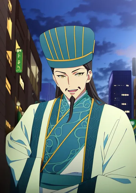 <lora:zhuge-10:1>, zhuge, 1boy, facial hair, hat, chinese clothes, yellow eyes, city, night, upper body, smile, open mouth, star \(sky\),