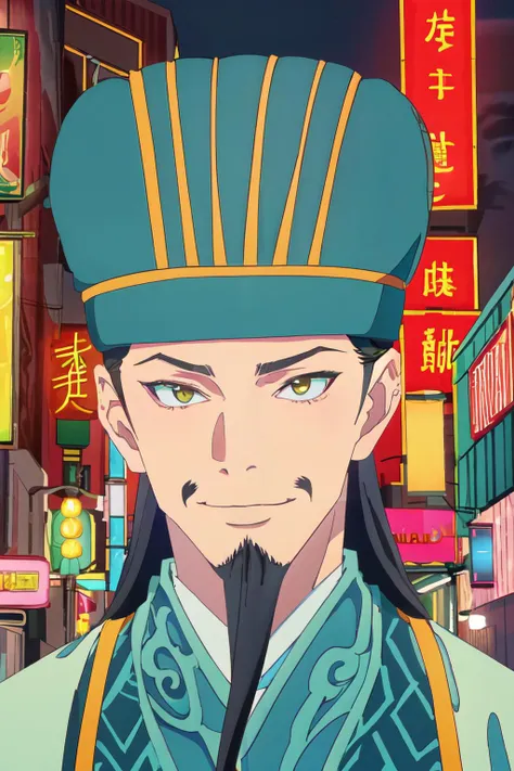 (8k, RAW photo, best quality, masterpiece:1.2), ultra-detailed,, solo, smile,
looking at viewer,1boy, facial hair, hat, chinese clothes, yellow eyes,
zhuge<lyco:zhuge-10:0.75> shinjuku city, night, neon sign, bust shot,
guofeng, chinese style <lyco:Chinese style illustration v2:1.1>