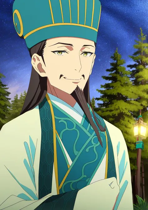 <lora:zhuge-10:1>, zhuge, 1boy, facial hair, hat, chinese clothes, yellow eyes, forest, night, upper body, smile, star \(sky\),