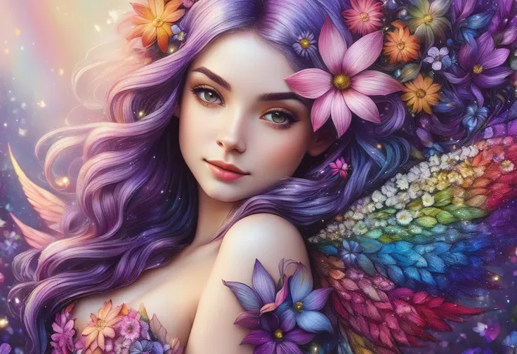 pam-flwr a hyper detailed photo of a beautiful seductive smiling fairy made of flowers,upper body,pencil drawing,looking over shoulder,purple hair,rainbow colored flowers in the backround,complex composition,illustration,drawing,art,cinematic,16K,detailing,trending on artstation,watercolor,sharp focus,studio photo,intricate details,highly detailed,by greg rutkowski,Nicoletta Ceccoli, <lora:sdxl_pam_flower:1.0>