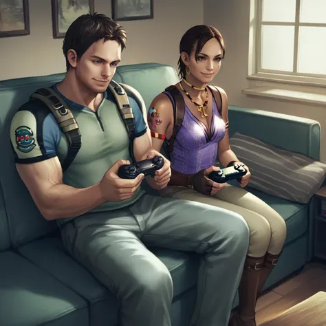 score_9, score_8_up, score_7_up, score_6_up, score_5_up, score_4_up, source_anime, realistic, photoshop \(medium\), <lora:RE5_t2-000008-128:1.0> 1girl, Sheva Alomar, tattoo, 1boy, Chris Redfield, sitting on couch, holding a playstation controller, smile
indoors, living room, decrepit mansion, darkness, tv