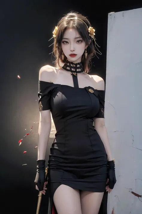yor briar,1girl,backlighting,bare shoulders, full body, skinny body, standing, beautiful legs, full-length portrait, black background, black dress,black gloves, black hair , blood, blood on face, breasts,closed mouth, cowboy shot, dress,earrings,expressionless,fingerless gloves,floating hair,floral print,flower,gloves,gold earrings,gold hairband,hair flower,hair ornament,hairband,holding weapon,holding thorn ,jewelry,medium breasts,light particles,long hair,looking at viewer,off-shoulder dress,off shoulder,petals,red eyes,rose,rose petals,rose print,short hair with long locks,sidelocks,solo,spikes,thighs,two-sided dress,two-sided fabric,weapon,
Best quality,masterpiece,ultra high res, excellent detail, stunning, cinematic composition, impressive, epic , <lora:goodhands_Beta_Gtonero:0.6> ,<lora:sxf_yor_forger:1> ,, , <lora:wolf_cut:0.6> , <lora:koreanDollLikeness_v15:0.6>