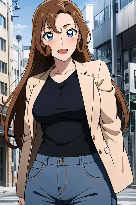 ((masterpiece)),((best quality)),ultra-detailed,illustration,1girl, solo, brown hair, blue eyes, long hair, smile, open mouth, argyle, curly hair, retro artstyle, looking at viewer, parody, upper body, style parody, official style, shirt, :d, collarbone, jacket, black shirt,road, casual, city, shirt, tree,street, day,Beautiful body,Beautiful Nose,Beautiful character design,perfect eyes,perfect face,alluring,wallpaper,perfect lighting,Colorful,ultra highres,4K,photography,(Beautiful,medium breasts:1.2),(beautiful face:1.2),(narrow waist),shiny skin,anime screencap,from below,mature female,full body,nsfw,meitantei conan,<lora:Kudo Yukiko_:0.7>,