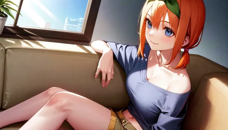 <lora:Yotsuba:1>,
nakano_yotsuba,
indoor, spacious, huge window front, parquet floor, couch, high ceiling, (scenery:1.3), blue sky, sun,
ultra-detailed 8k, masterpiece world theater, textured skin, ambient light, realistic shadows,
1girl (solo:1.3), orange hair, ribbon, shirt, shorts, barefoot, bare legs, short hair, light smile, sitting, tied shirt,navel, halterneck, collarbone, off shoulder, short twintails
cowboy shot,
