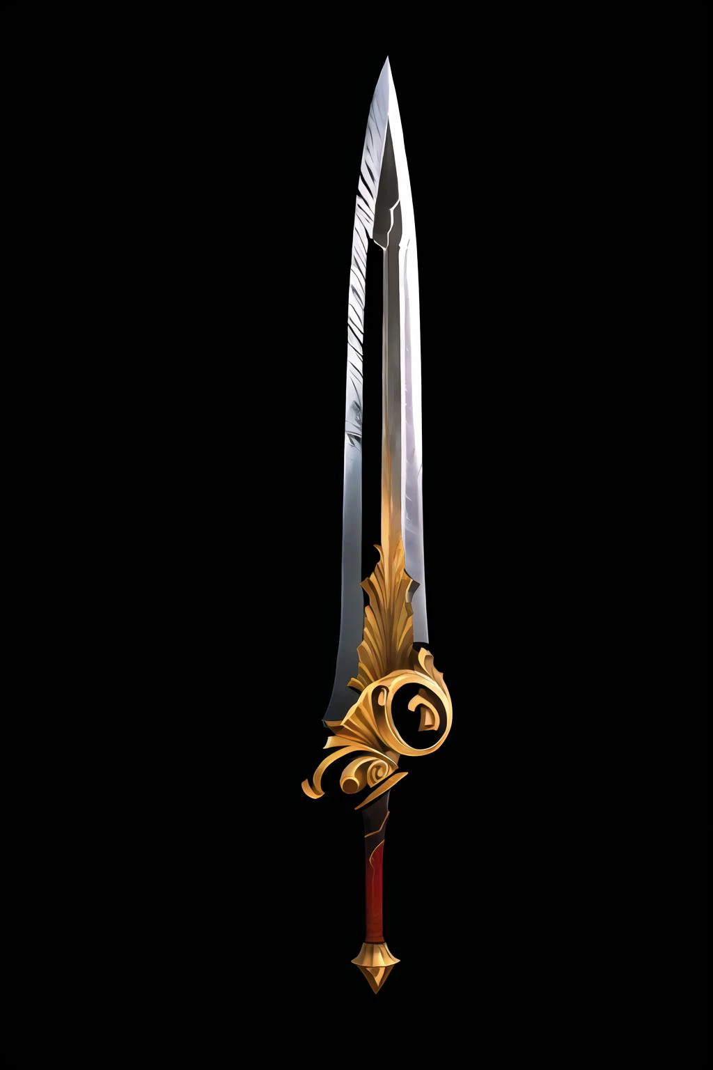 Game Art of sword in Painting Comix art style, <lora:Pecha_Swords_LORA_V1.4:.5>, best quality, Trending on Artstation, masterpiece, demonic scary red,
<lora:sword_v1:.8>, elegant Dagger, scifi look, curving blade, basket handle, royal pattern, ,black background, simple background, weapon, sword,
