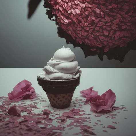 torn photo, lomo film effects, film grain, 35mm film, grey moire, analog, a man hide in the black flowers, photorealistic, surrealism composition, (soft-serve ice cream:1), vivid neon pattern, crystalline confectionery, mineralogical drawing, wet petals, countless televisions, best quality, masterpiece