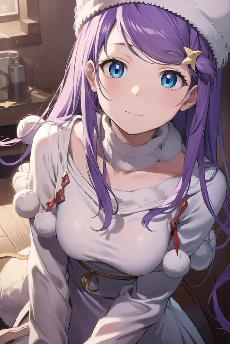 Anastasia Khoshinа, Anastasia Khoshin, long hair, Blue eyes, purple hair, large_breast, combed bangs, BREAK hair ornament, long sleeves, It has, dress, a gift, Star \(symbol\), white dress, fur trim, white headdress, pink a gift, pom pom \(Cloth\), Star hair ornament, BREAK looking at viewer, whole body, BREAK indoors, BREAK (masterpiece:1.2), Best quality, A high resolution, unity 8k wallpaper, (illustration:0.8), (Beautiful detailed eyes:1.6), very detailed face, perfect lighting, extremely detailed computer graphics, (perfect hands, Ideal Anatomy), big_breast
