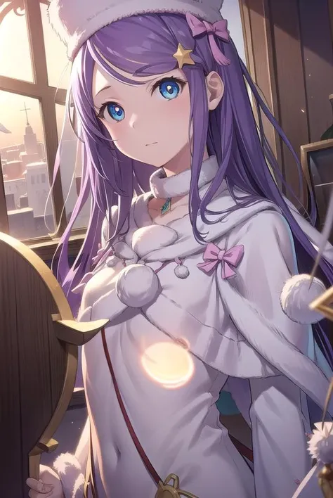 anastasiahoshin, <lyco:anastasiahoshin-lyco-nochekaiser:1>,
anastasia hoshin, long hair, blue eyes, purple hair, swept bangs,
BREAK hair ornament, long sleeves, hat, dress, bow, star \(symbol\), white dress, fur trim, white headwear, pink bow, pom pom \(clothes\), star hair ornament,
BREAK looking at viewer, full body,
BREAK indoors,
BREAK <lyco:GoodHands-beta2:1>, (masterpiece:1.2), best quality, high resolution, unity 8k wallpaper, (illustration:0.8), (beautiful detailed eyes:1.6), extremely detailed face, perfect lighting, extremely detailed CG, (perfect hands, perfect anatomy),