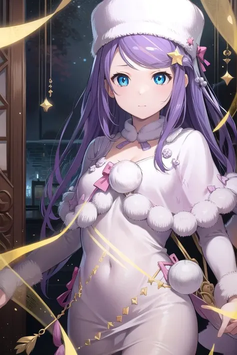 anastasiahoshin, <lyco:anastasiahoshin-lyco-nochekaiser:1>,
anastasia hoshin, long hair, blue eyes, purple hair, swept bangs,
BREAK hair ornament, long sleeves, hat, dress, bow, star \(symbol\), white dress, fur trim, white headwear, pink bow, pom pom \(clothes\), star hair ornament,
BREAK looking at viewer, full body,
BREAK indoors,
BREAK <lyco:GoodHands-beta2:1>, (masterpiece:1.2), best quality, high resolution, unity 8k wallpaper, (illustration:0.8), (beautiful detailed eyes:1.6), extremely detailed face, perfect lighting, extremely detailed CG, (perfect hands, perfect anatomy),
