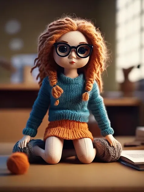 advertising poster style, a lewd knitted doll lady with long messy hair, wearing glasses and ragged tight skirt with pantyhose, nose blush, half-closed eyes, open mouth, lying on the desk, spreading legs, in a dark room, natural light, Adobe Light front view, solo, sfw <lora:[XL]Felt_Craft:1>, Professional, modern, product-focused, commercial, eye-catching, highly detailed