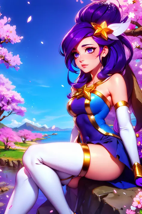 1girl, solo, ((mystified)), masterpiece, best quality,white thighhighs, elbow gloves, hair ornament, star hair ornament, dress, star guardian \(league of legends\), purple hair, long hair, <lora:Tweak_Detail25:0.8>, Tweak_PrettyEyes:0.8 <lora:Tweak_Colorful-V2:0.7>, with a cliff side in the background, blooming cherry blossom tree <lora:Char_lol-StarGuardianJanna:0.9>