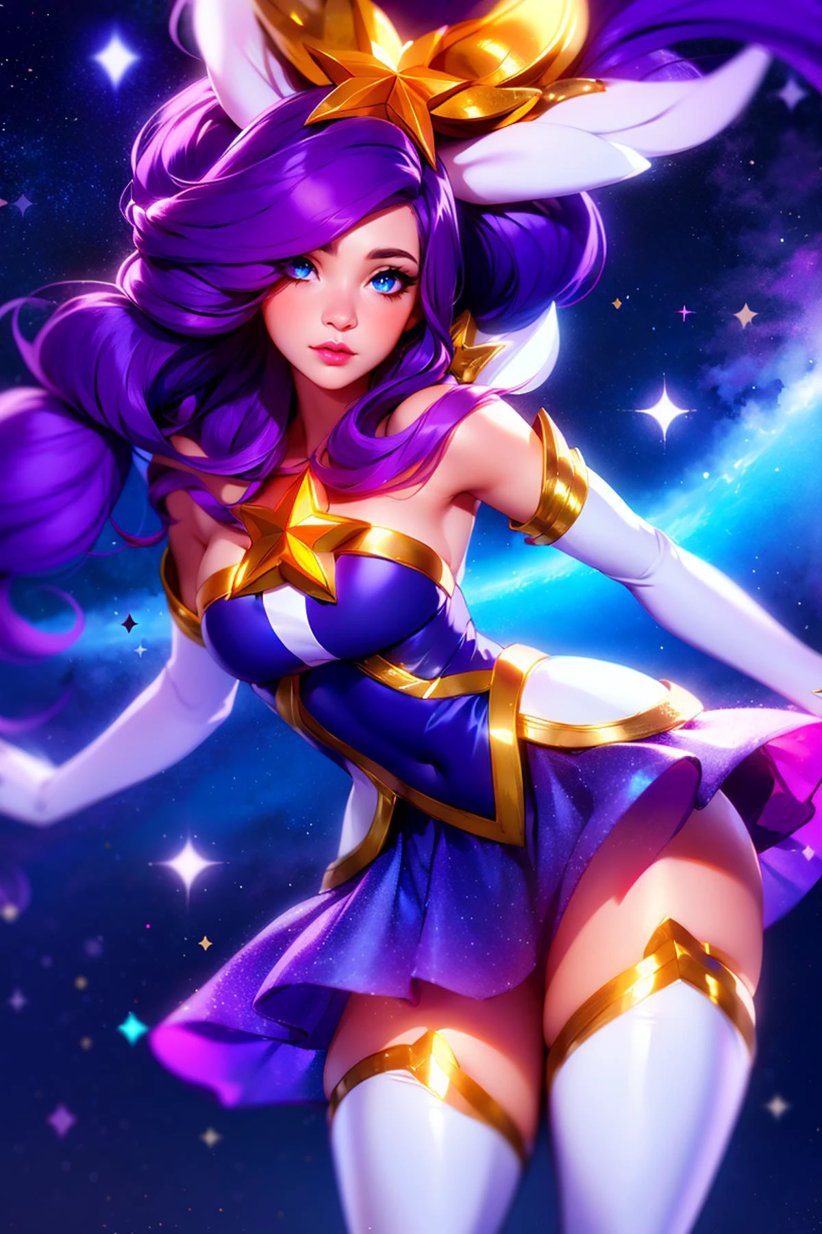 1girl, solo, ((confused)), masterpiece, best quality,white thighhighs, elbow gloves, hair ornament, star hair ornament, dress, star guardian \(league of legends\), purple hair, long hair, <lora:Tweak_Detail25:0.1>, Tweak_PrettyEyes:0.8 <lora:Tweak_Colorful-V2:0.7>, with a star-filled sky in the background, swirling mist in the air <lora:Char_lol-StarGuardianJanna:0.9>