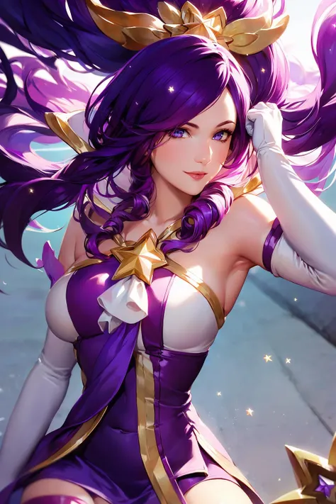 (solo, 1girl), (absurdres, ,highres, official wallpaper, poster), (masterpiece, best quality:1.2), (illustration, realistic), (perfect details, highest detailed, extreme detailed), dramatic light, <lora:aki:1>, starguardianjanna, (white thighhighs, elbow gloves, hair ornament, dress, star guardian \(league of legends\), purple hair, long hair), (street, sunlight, seductive smile)
