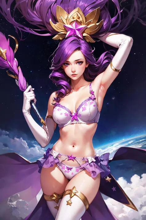 (solo, 1girl), (absurdres, highres, official wallpaper, poster), (masterpiece, best quality:1.2), (illustration, realistic), (perfect details, highest detailed, extreme detailed), dramatic light, <lora:aki:0.8>, starguardianjanna, (white thighhighs, elbow gloves, white gloves, star guardian \(league of legends\), purple hair, floating hair, star hair ornament, hair ornament, star \(symbol\), standing), (( lingerie), (print bra), (print panties)), (holding_wand, cloudy sky, starry sky, cityscape, skyline)