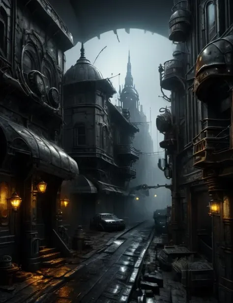 ((best quality)), ((masterpiece)), ((realistic,digital art)), (hyper detailed),DonMR3mn4nts Hushed architecture Steampunk City Dolphin,Troglodyte,Wet Mud,Nightfall, octane rendering, raytracing, volumetric lighting, Backlit,Rim Lighting, 8K, HDR, <lora:DonMR3mn4nts-000012:1>