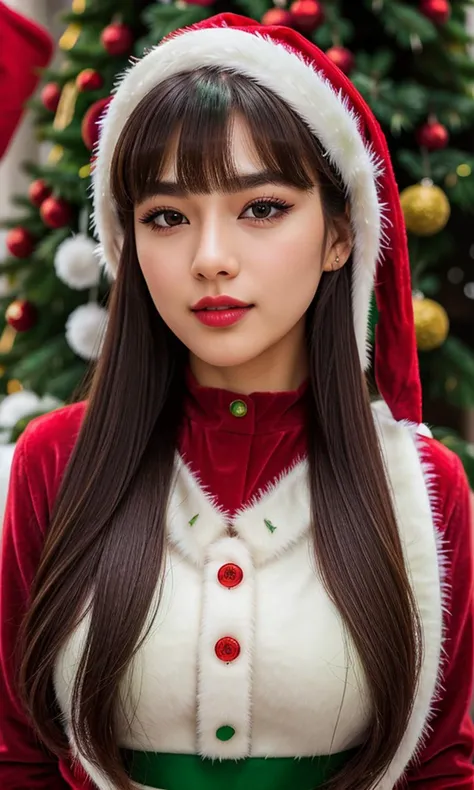 (RAW photo:1.1), (photorealistic:1.4), (best quality:1.4), (absurdly long hair with bangs), dsm, (slim, fit), (long eyelashes, dark eyeliner, dark eye shadow, red lipstick), beautifully detailed, professional photography, (ultra detailed), (beautiful detailed eyes:1.3), detailed face, delicate face, smooth face, (detailed facial features), absurdres, 8k, (extremely delicate and beautiful), (highly detailed skin), detailed nose, detailed mouth, physically-based rendering, high resolution, uhd, dslr, cinematic lighting, high quality, depth of field, sharp focus, film grain, Fujifilm XT3, (cute red and green Christmas Outfit:1.4), (standing:1.4) in front of a Christmas Tree