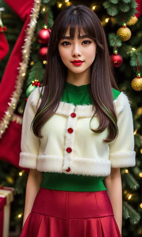 (RAW photo:1.1), (photorealistic:1.4), (best quality:1.4), (absurdly long hair with bangs), dsm, (slim, fit), (long eyelashes, dark eyeliner, dark eye shadow, red lipstick), beautifully detailed, professional photography, (ultra detailed), (beautiful detailed eyes:1.3), detailed face, delicate face, smooth face, (detailed facial features), absurdres, 8k, (extremely delicate and beautiful), (highly detailed skin), detailed nose, detailed mouth, physically-based rendering, high resolution, uhd, dslr, cinematic lighting, high quality, depth of field, sharp focus, film grain, Fujifilm XT3, (cute red and green Christmas Outfit:1.4), (standing:1.4) in front of a Christmas Tree