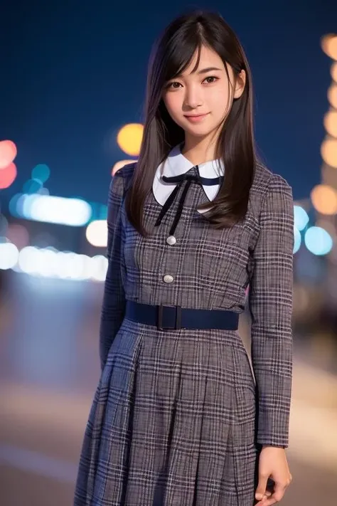 1girl,(nogizakauniform22:1.2),(wearing a dress:1.2),(RAW photo, best quality), (realistic, photo-realistic:1.4), masterpiece, an extremely delicate and beautiful, extremely detailed, 2k wallpaper, Amazing, finely detail, extremely detailed CG unity 8k wallpaper, ultra-detailed, highres, soft light, beautiful detailed girl, extremely detailed eyes and face, beautiful detailed nose, beautiful detailed eyes,cinematic lighting,city lights at night,perfect anatomy,slender body,smiling  <lora:nogizakauniform22_lora:0.7>