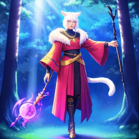 digital painting of adult YshtolaRhulFF with white_hair and grey_eyes, white_cat_tail,
high contrast, high saturation, <lora:epiNoiseoffset_v2:0.6>,
standing in the forest,
holding a staff,
casting a spell,
<lora:YshtolaRhulFF:1>