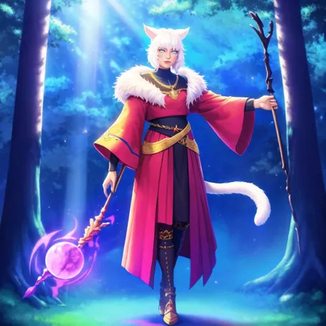 digital painting of adult YshtolaRhulFF with white_hair and grey_eyes, white_cat_tail,
high contrast, high saturation, <lora:epiNoiseoffset_v2:0.6>,

standing in the forest,
holding a staff,
casting a spell,

<lora:YshtolaRhulFF:1>