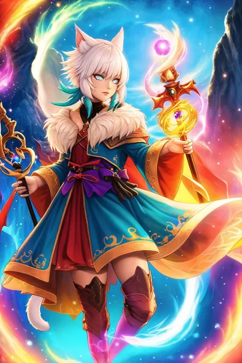 digital painting of adult YshtolaRhulFF with white_hair and grey_eyes, white_cat_tail,
high contrast, high saturation, <lora:epiNoiseoffset_v2:0.2>,
winter,
snow,
ice,
cavern,
holding a staff,
casting a spell,
<lora:YshtolaRhulFF:0.8>