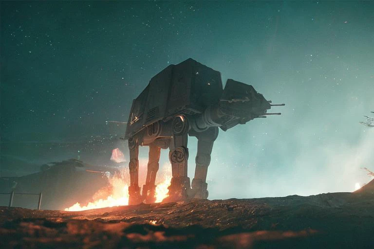 analog gloomy photo of a Star Wars (AT-AT robot, <lora:st4rw4ar54t4t:0.8>), (horror ), ((nighttime)), (in a decayed dilapidated city at night), (explosions in the background), fire on the floor, shooting lasers, High Detail, Sharp focus, (photorealism:1.2), realistic, best quality, 8k, award winning, dramatic lighting, epic, cinematic, masterpiece, rim light, ambient fog:1.3, dutch angle, depth of field, volumetric lights,