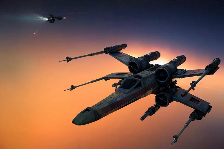 analog gloomy aerial photo of an (X-Wing, <lora:xw1ng:1>), ((nighttime)), (flying in a space battle), (outer space), (planet orbit), ((explosions in the background)), ((lasers)), High Detail, Sharp focus, (photorealism), realistic, best quality, 8k, award winning, dramatic lighting, epic, cinematic, masterpiece, rim light, (action ), war, depth of field, dutch angle,