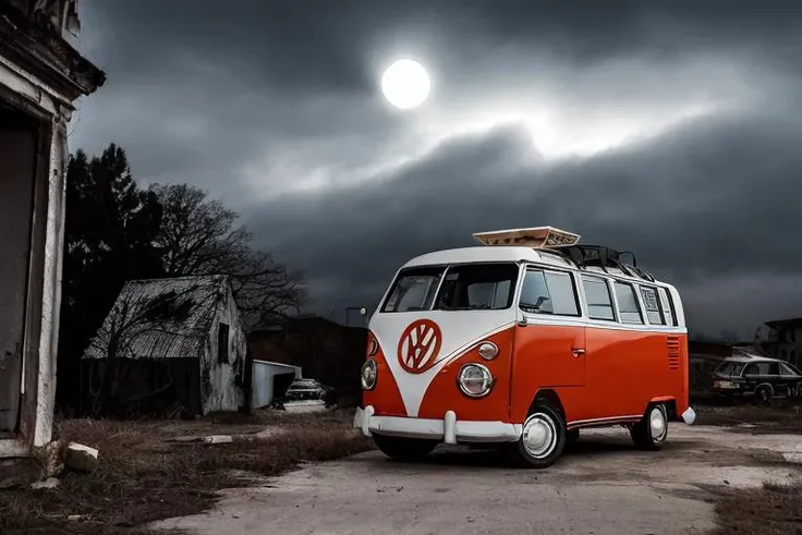 analog gloomy photo of an orange volkswagen kombi, <lora:vwk0mb1:1>, ((haunted house:1.2)), zombie apocalypse, (abandoned town at (midnight)), (full moon), (winter), (snow), ((horror )), ((nighttime)), driving through a decayed city, ruins, dilapidated buildings, High Detail, Sharp focus, (photorealism), realistic, best quality, 8k, award winning, dramatic lighting, epic, cinematic, masterpiece, rim light, ambient fog:1.2,