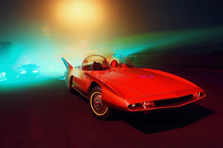 analog gloomy photo of a GM Firebird 3 car, <lora:gmf1r3b1rd3:1>, racing down a neon avenue at night, neon city, outrun, synthwave, retrowave, red sky, ((cyberpunk)), nighttime, High Detail, Sharp focus, ((photorealism)), realistic, best quality, 8k, award winning, dramatic lighting, epic, cinematic, masterpiece, atompunk, dutch angle, volumetric lights, ambient fog:1.3,