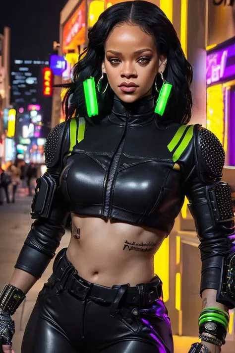 Create a masterpiece of the highest quality, wanostyle, (RAW photo, 4k, realistic, exquisitely detailed skin), featuring a life-like renditon of a (medium shot) of ((Rihanna)), ((looking at viewer)), working as a bounty hunter, donning a ((cybernetic right arm)), cybernetic cheekbones, (techwear jacket), eyewear on head, hair slicked back, accessories and earrings, with large saggy breasts, egypt. The setting is a moody, cyberpunk-style grand avenue, futuristic metropolis, cityscape, cyberpunk city, reminiscent of the game Cyberpunk 2077. The surroundings are bathed in vibrant purple and green neon lights, with store signs and adverts everywhere. Bright spotlights make the bounty hunter stand out. The mood of the scene is vibrant and nihilistic, showcasing the  woman in euphoria. She has a muted smile. Dynamic light, epic composition, intricately detailed background, slim body, big lips, black hair, brown eyes, earrings, eye contact, (front view), realistic, ultra-high quality, face close up, face shot, Fixhand, ((rgb)), vibrant technology background