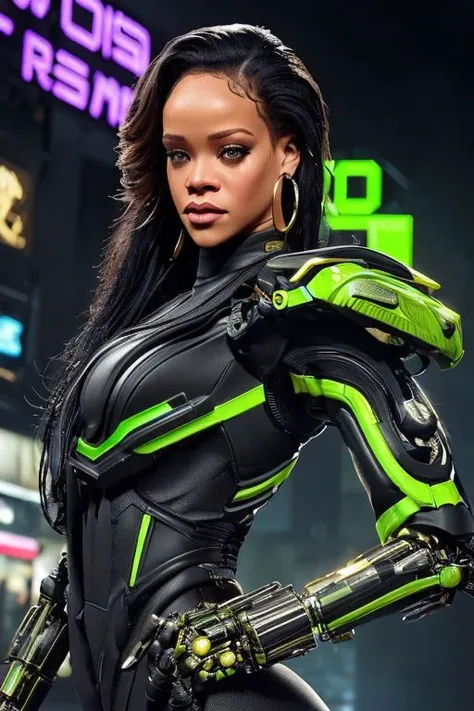 Create a masterpiece of the highest quality, wanostyle, (RAW photo, 4k, realistic, exquisitely detailed skin), featuring a life-like renditon of a medium shot of ((Rihanna)), working as a bounty hunter, donning a ((cybernetic right arm)), cybernetic cheekbones, (techwear jacket), eyewear on head, hair slicked back, accessories and earrings, with large saggy breasts, egypt. The setting is a moody, cyberpunk-style grand avenue, futuristic metropolis, cityscape, cyberpunk city, reminiscent of the game Cyberpunk 2077. The surroundings are bathed in vibrant purple and green neon lights, with store signs and adverts everywhere. Bright spotlights make the bounty hunter stand out. The mood of the scene is vibrant and nihilistic, showcasing the  woman in euphoria. She has a muted smile. Dynamic light, epic composition, intricately detailed background, slim body, big lips, black hair, brown eyes, earrings, eye contact, (front view), realistic, ultra-high quality, face close up, face shot, Fixhand, ((rgb)), vibrant technology background