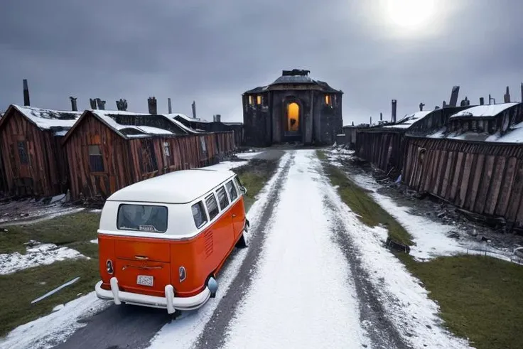analog gloomy photo of an orange volkswagen kombi, <lora:vwk0mb1:1>, ((haunted house:1.2)), zombie apocalypse, (abandoned town at (midnight)), (full moon), (winter), (snow), ((horror )), ((nighttime)), driving through a decayed city, ruins, dilapidated buildings, High Detail, Sharp focus, (photorealism), realistic, best quality, 8k, award winning, dramatic lighting, epic, cinematic, masterpiece, rim light, ambient fog:1.2,