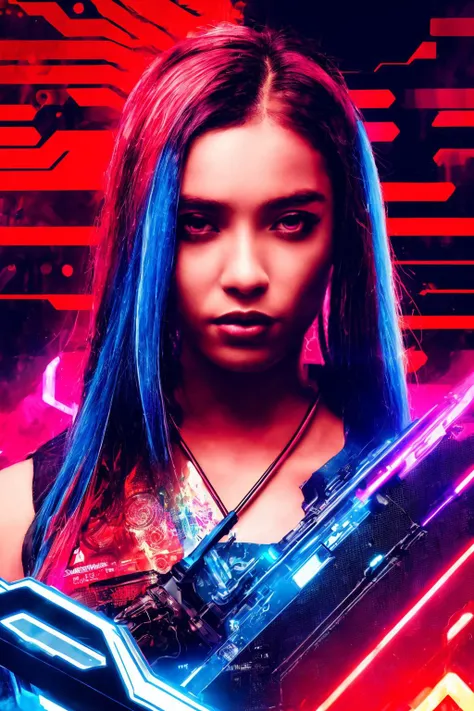 photorealistic, best quality, hyper detailed, (cyberpunk style), (cyberpunk aesthetic character with a mechanical arm), 1girl, A portrait transformed by the overprint technique, red and blue colors blending seamlessly to create an ethereal and thought-provoking depiction, portrait, overprint technique, red and blue colors, blending seamlessly, ethereal, thought-provoking depiction,, ai artwork by Quiron, neon light, rampage, cybernetic enhancements,